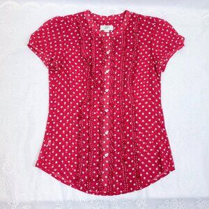 Ann Taylor LOFT Flirty Blouse Polkadot Red Business Casual Button Down Lady Bug